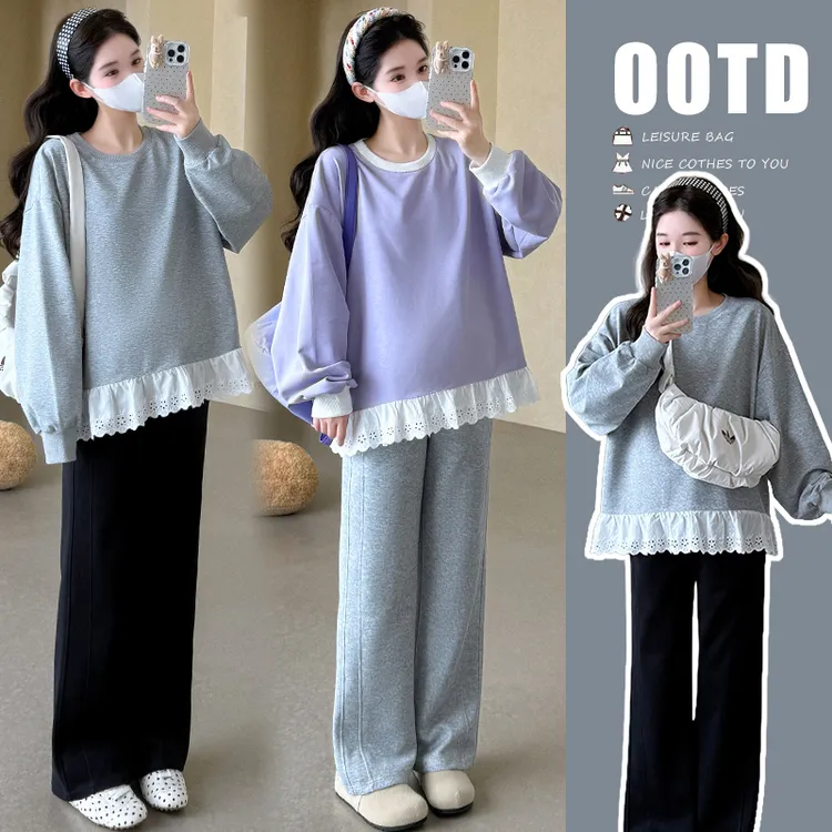 春秋季新款韩版孕妇装圆领长袖花边拼接卫衣阔腿裤孕妇套装两件套