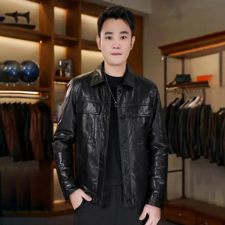 babibao/巴比豹【2259鹅绒】海宁冬季真皮皮衣油蜡牛皮加厚外套男