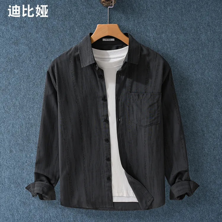 迪比娅日系复古做旧印花衬衫男长袖文艺休闲百搭春秋季新款衬衣Y