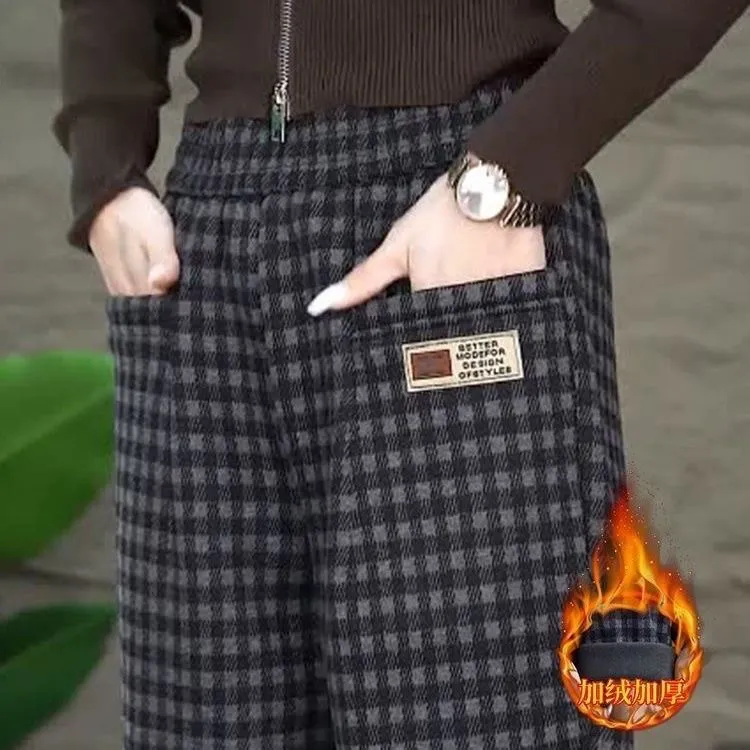 过年女款加绒裤子毛呢哈伦裤高腰弹力休闲裤大码直筒新款潮牌女装