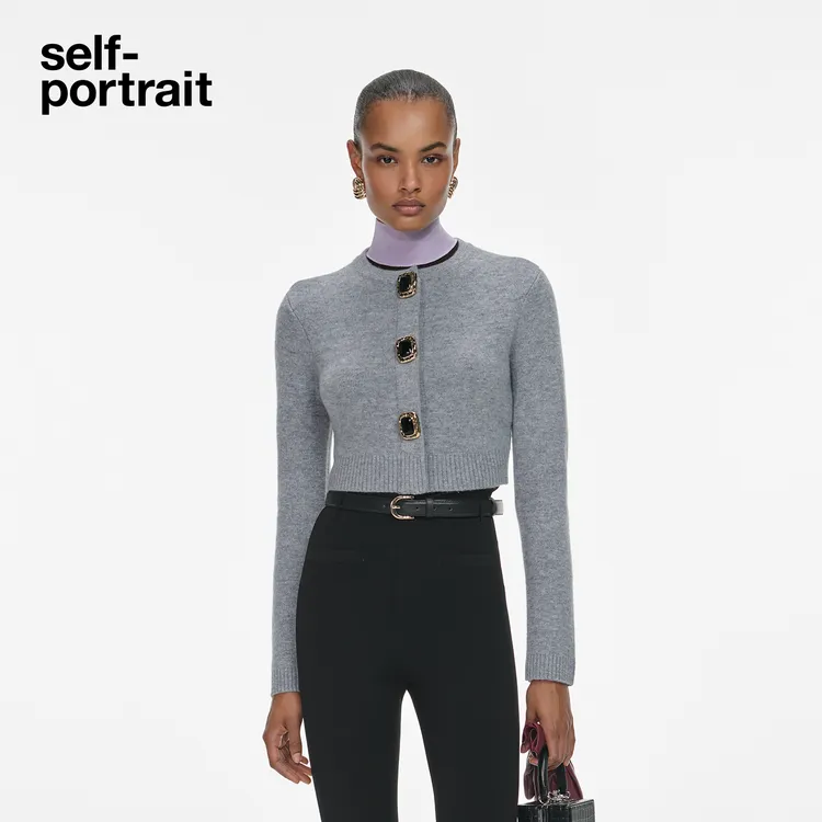 self-portrait 2025秋冬新款浅灰色设计感羊毛混纺针织外套开衫