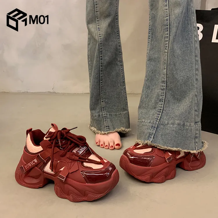 M01红色厚底老爹鞋女新款秋季爆款本命年喜庆百搭增高休闲运动鞋