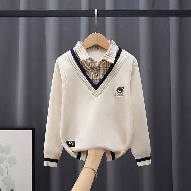 男童学生假两件毛衣秋冬款中大童内搭针织衫加绒加厚儿童保暖打底