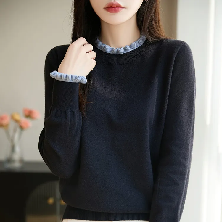品牌秋冬新款复古时尚圆领木耳边撞色气质针织衫女内搭打底衫毛衣