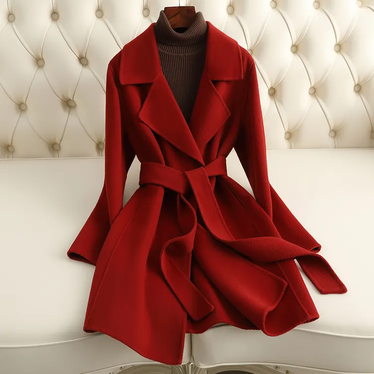 双面羊绒大衣女中长款2026新款小个子修身系带羊毛毛呢外套25703