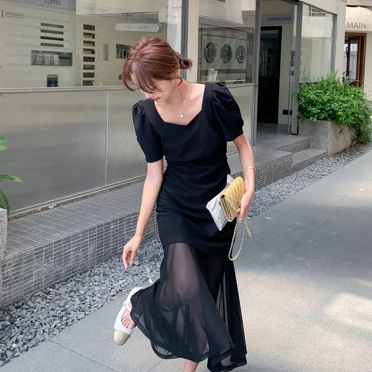 法式轻熟风连衣裙女2025夏季新款御姐范气质网纱拼接黑色A字裙