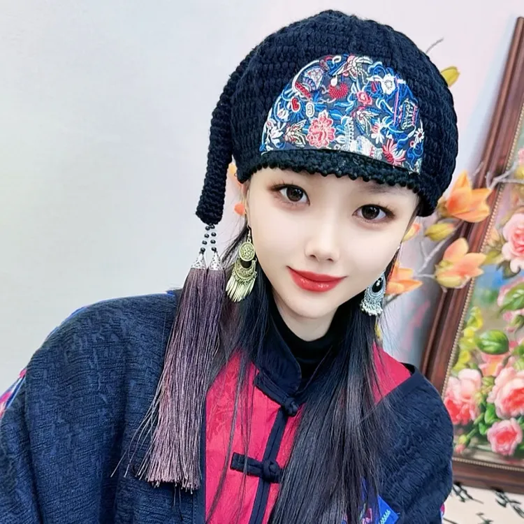 民族风毛线帽原创纯手工钩织尾巴精灵帽帽子保暖冬天针织流苏帽