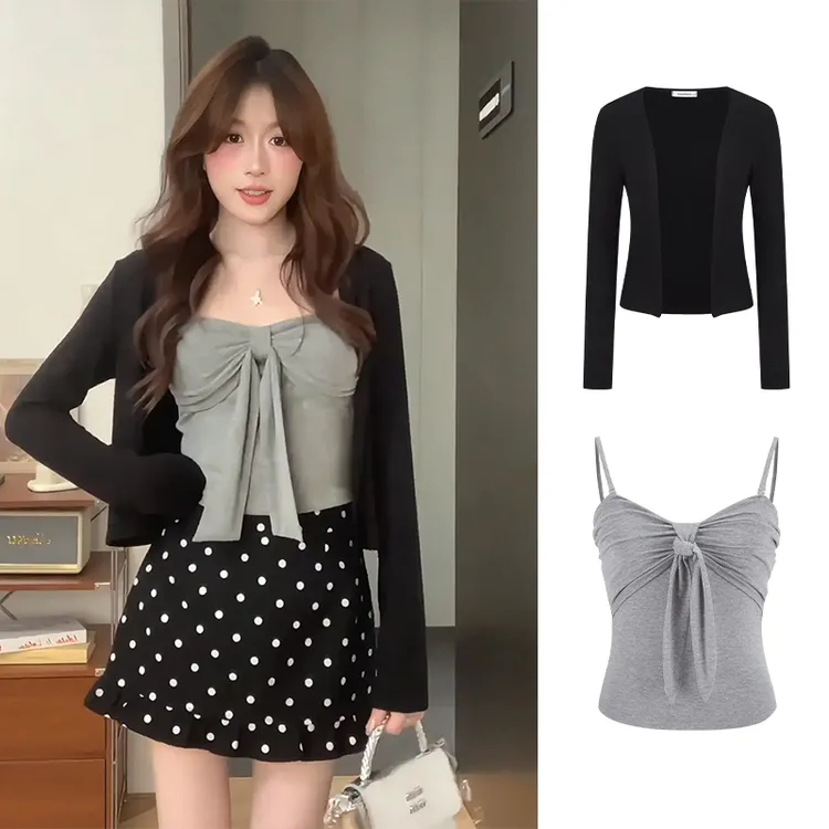 蝴蝶结裹胸吊带短款显瘦开衫气质上衣套装