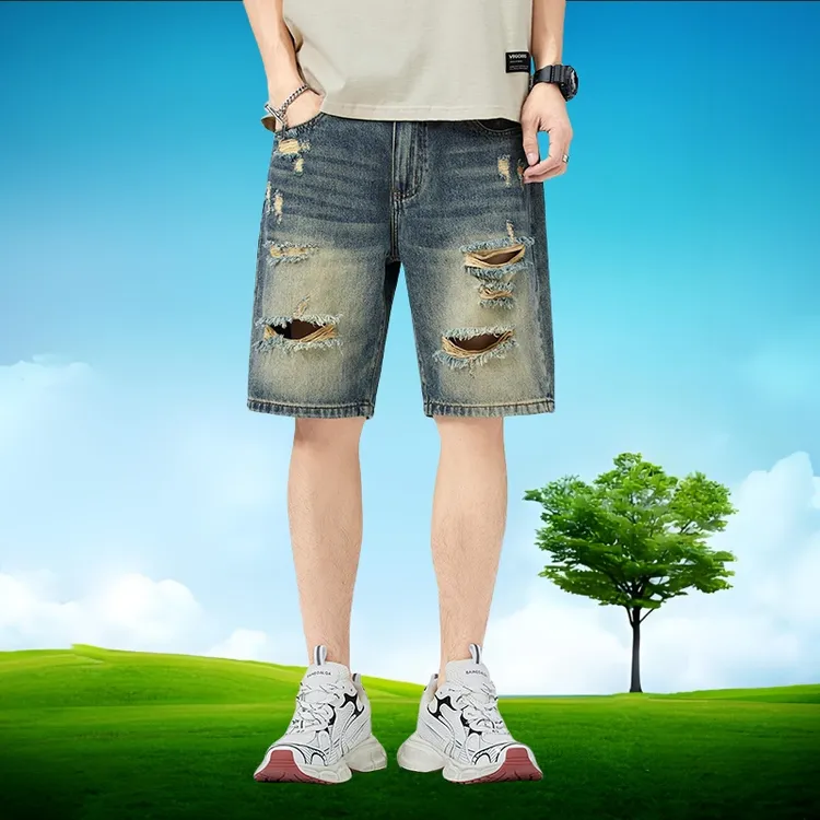 夏季复古弹力薄款牛仔短裤休闲水洗裤破洞牛仔裤百搭裤子轻熟风