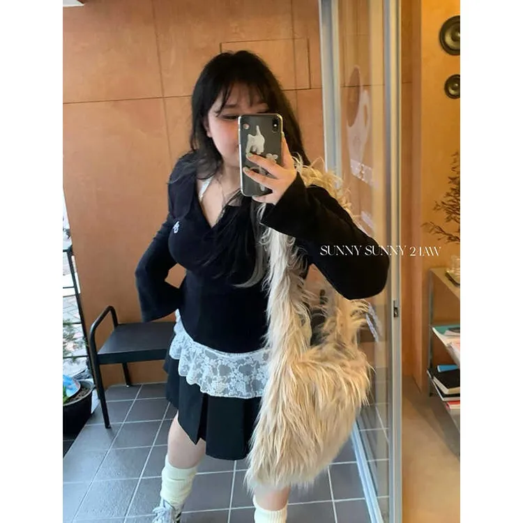 【越崽专属】三点泥SUNNY 微醺黑天鹅 微胖蕾丝针织衫胖MM打底衫