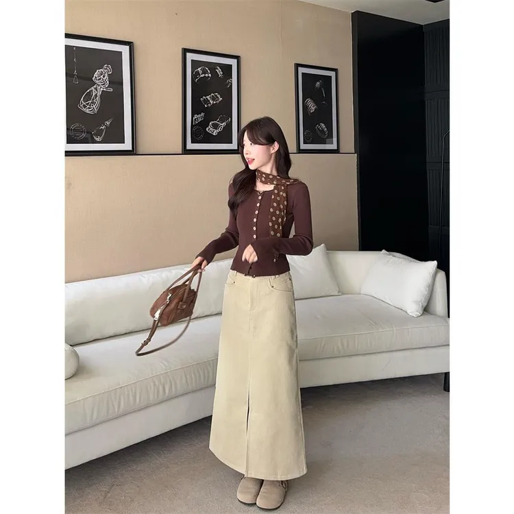 单排扣咖色韩系chic圆领针织外套女秋季修身毛衣开衫百搭长袖上衣