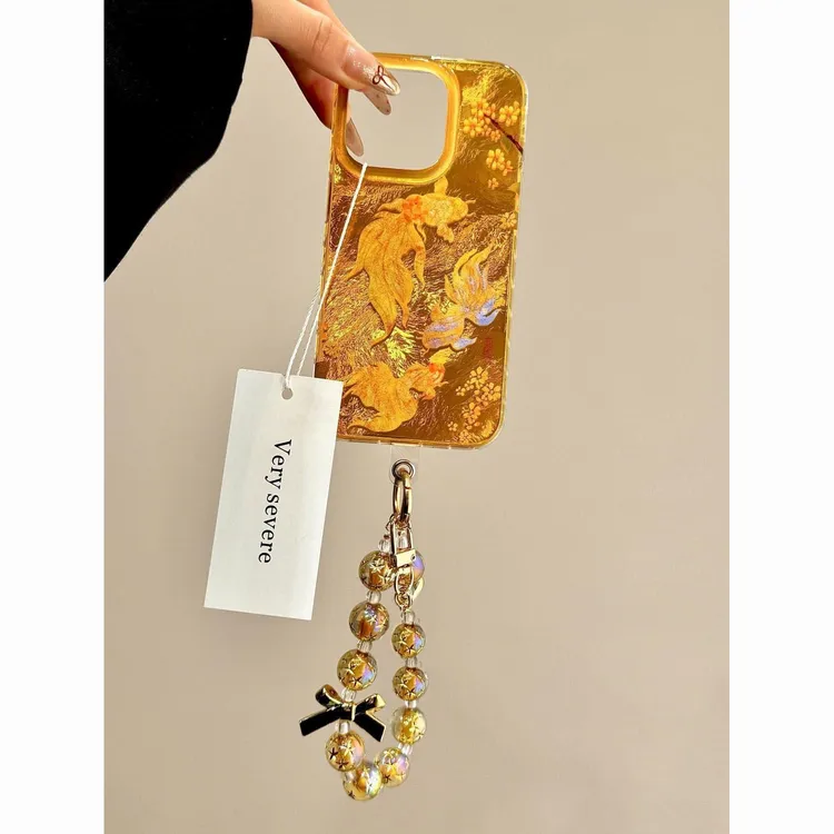 海棠花朵锦鲤适用苹果16蝴蝶结水晶挂绳手机壳15冰川纹14新年1312