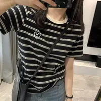 拿捏精致感「提花-刺绣爱心」短袖T恤美式复古上衣25021