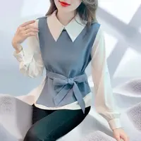 假两件收腰绑带衬衫女长袖春秋法式时髦洋气蝴蝶结设计感气质上衣