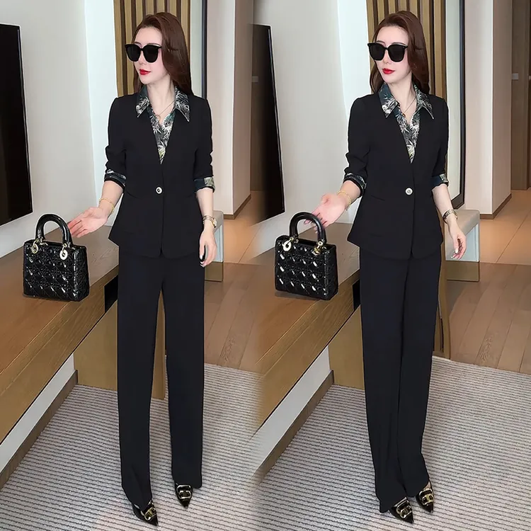春秋时尚套装女2025新款休闲黑色韩版小西装阔腿裤职业两件套通勤