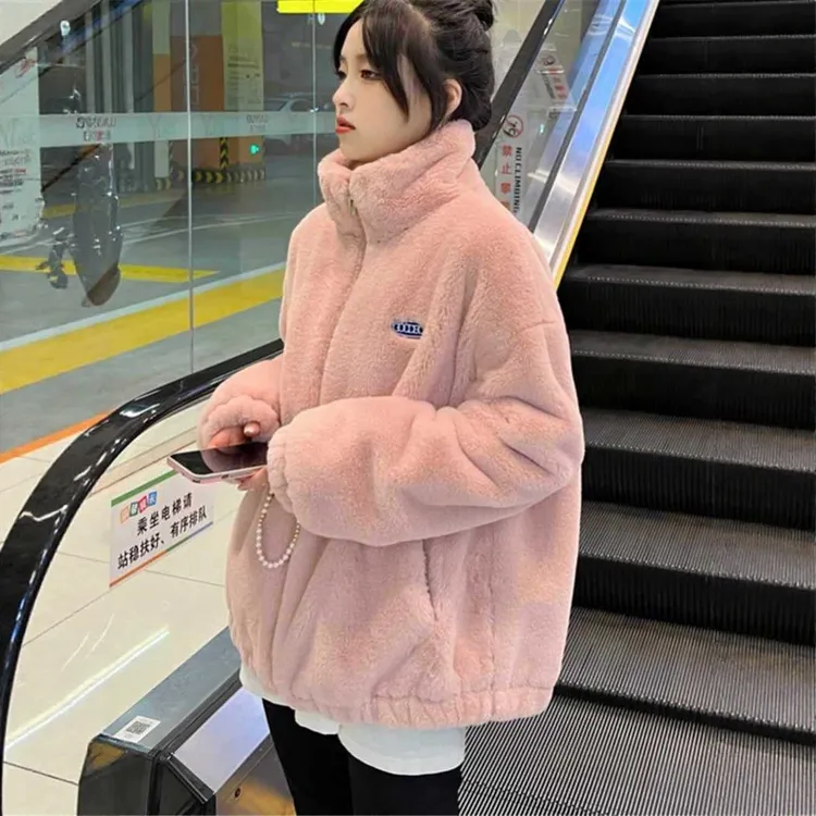 女款女棉袄新款毛毛外套外套2025仿兔毛小个子宽松棉衣立领