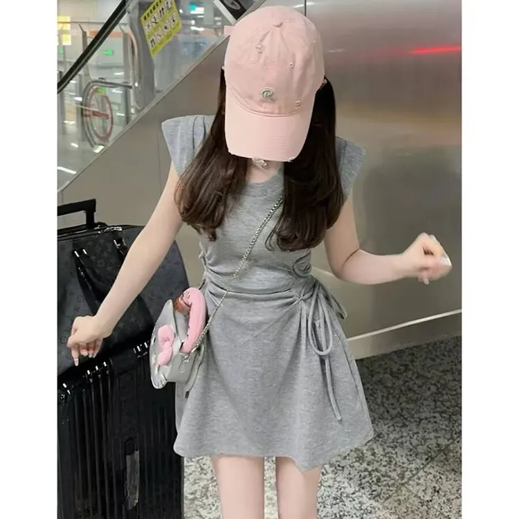 1016#法式飞飞袖连衣裙女装2025新款夏季独特掐腰显瘦a字小裙子