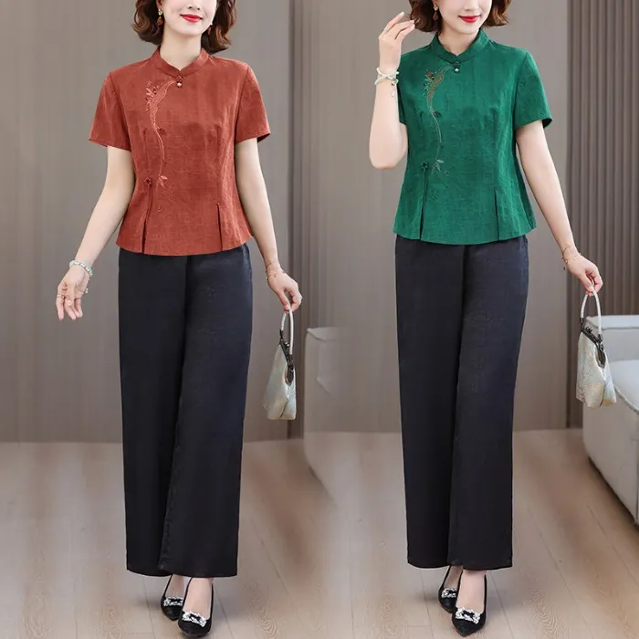 时尚高端妈妈装绣花上衣阔腿裤两件套夏季中老年女装宽松碎花套装