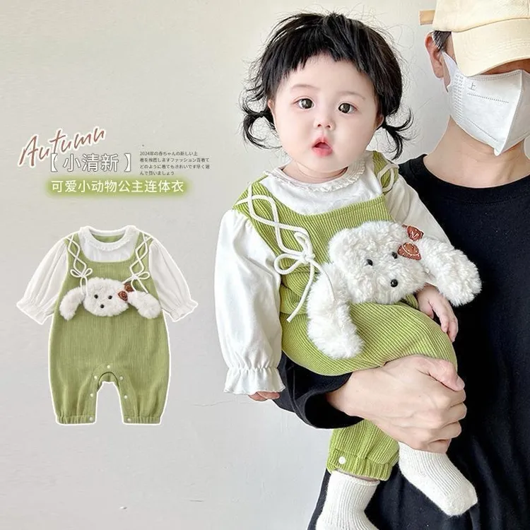 秋季宝宝爬爬服雪尼尔可爱小狗假两件连体衣超萌婴儿春秋外出服
