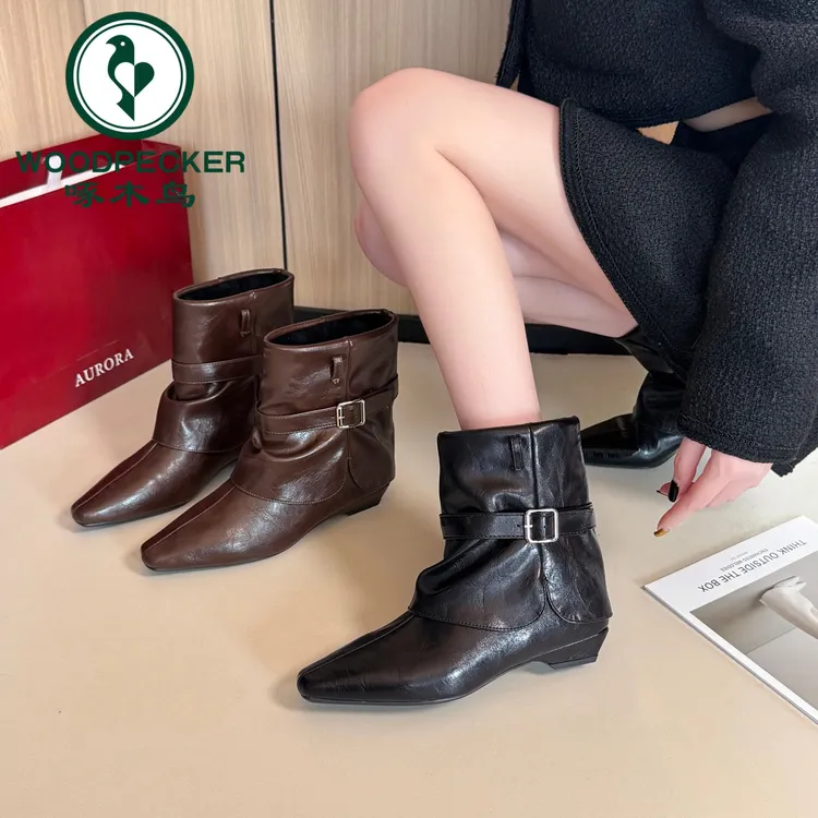 啄木鸟罗马复古尖头小众瘦瘦靴2025秋冬新款时尚气质加绒裤管短靴