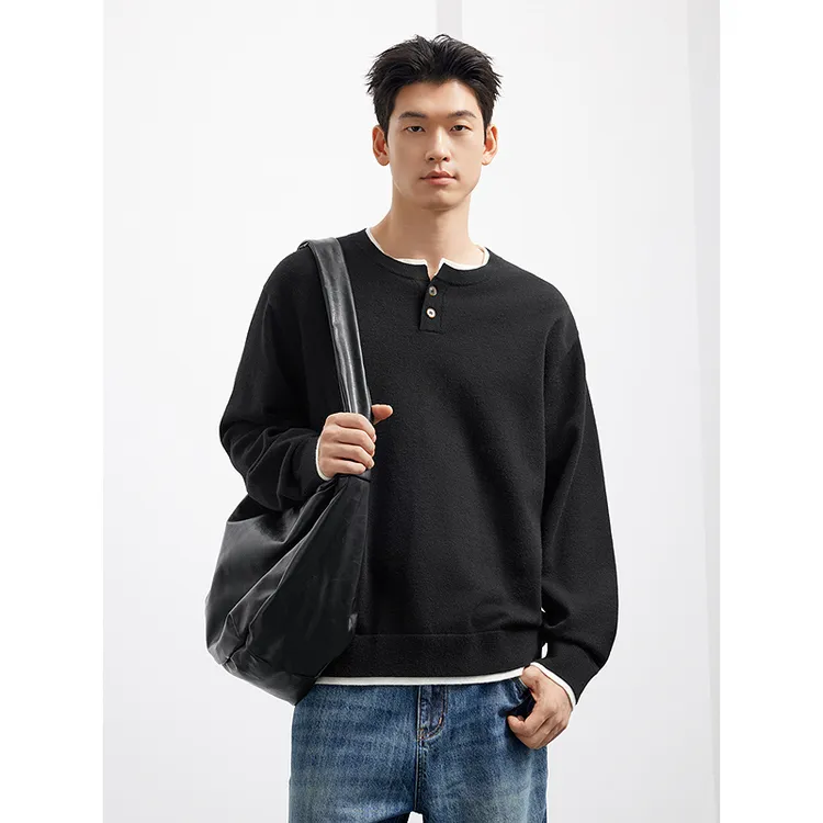 GXG男装2025年春新款亨利领假两件毛衣内搭打底针织衫#G25D201007