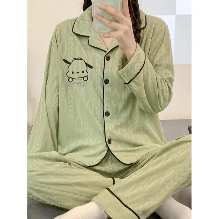 范哲萨绿色睡衣女春秋款莫代尔长袖长裤可爱加大码300斤秋天家居