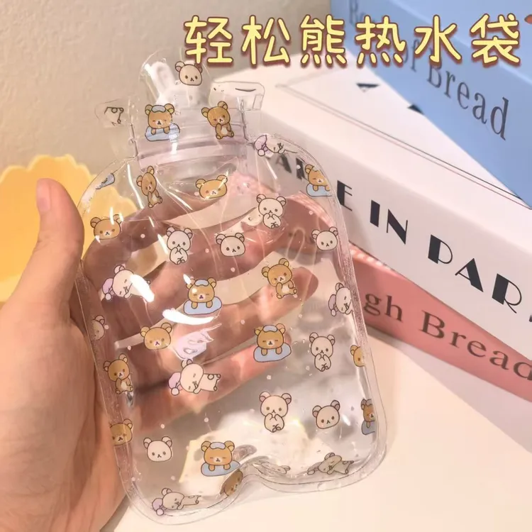 可爱轻松熊随身暖手暖肚学生闺蜜卡通注水透明热水袋便携暖水袋
