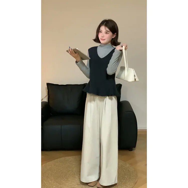 2025秋季新款韩系穿搭V领花边针织马甲修身长袖上衣高腰直筒长裤