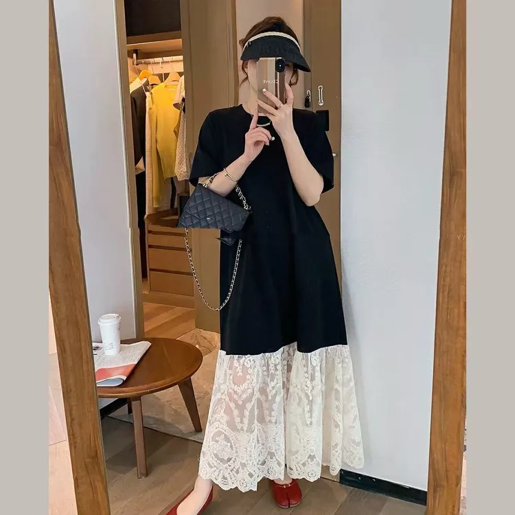黑色圆领短袖蕾丝拼接显白显高宽松连衣裙女2025T恤裙长裙A#9078