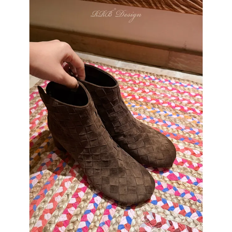 RRB Design 羊皮羊反绒编织设计粗跟短靴时尚秋冬百搭裸靴