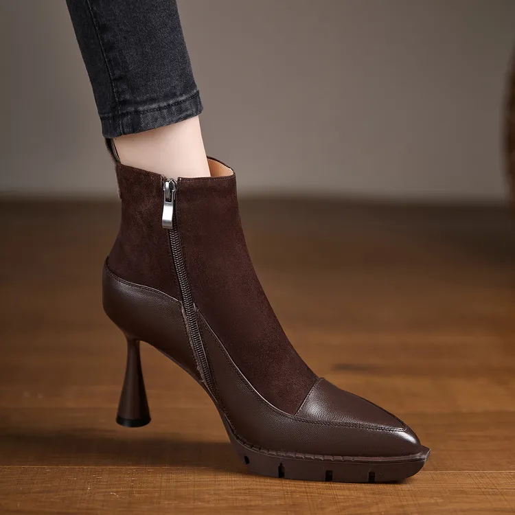 2025秋冬新款防水台高跟时装靴真皮尖头短靴拼接马丁靴羊皮女靴子