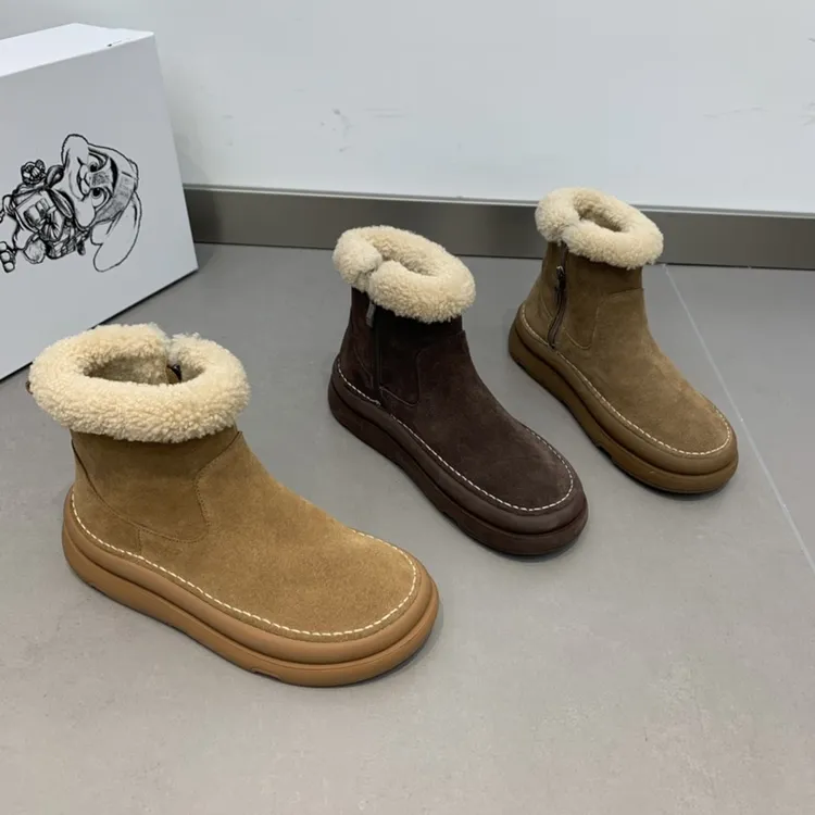 欧洲站2025冬季新款磨砂皮时尚雪地靴女平底加绒加厚保暖软皮短靴