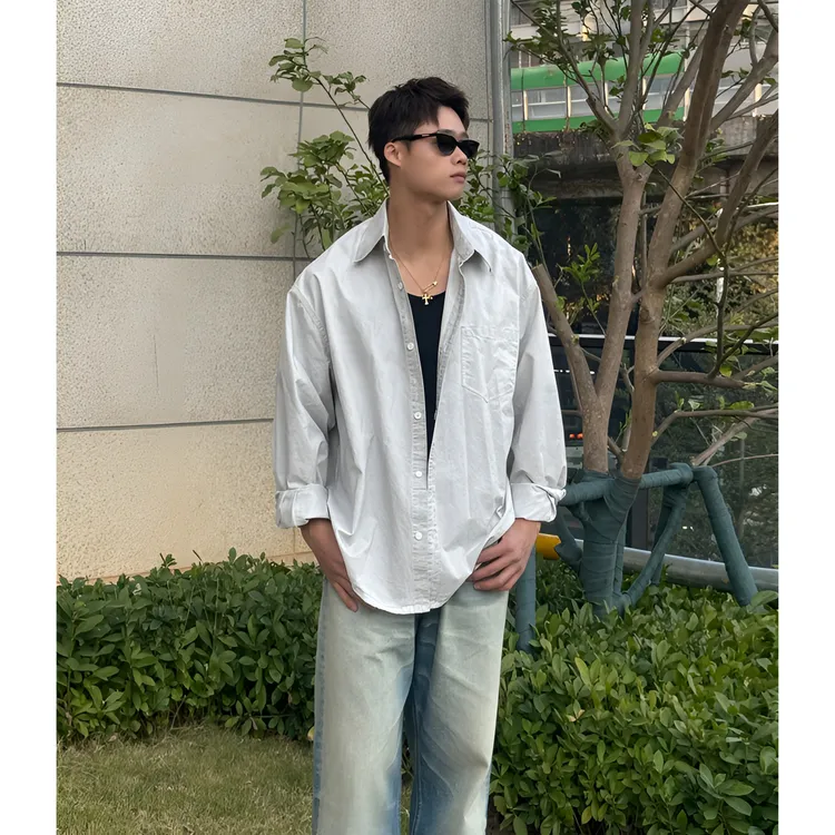 Sunyanwu 美式水洗做旧廓形磨破衬衫廓形硬挺宽松百搭基础外套