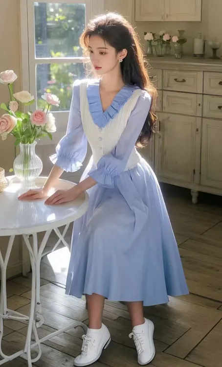 SS806超火两件套春装高级感初恋清纯奶甜蓝色木耳边连衣裙套装