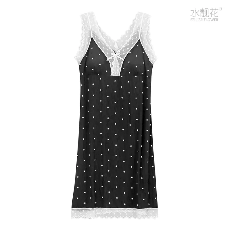 水靓花睡裙女带胸垫莫代尔轻奢大码甜美吊带波点蕾丝家居舒适薄款