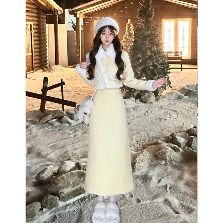 【雪松奶糯】秋冬高级感黄色小香短外套直筒裙两件套套装2025新款
