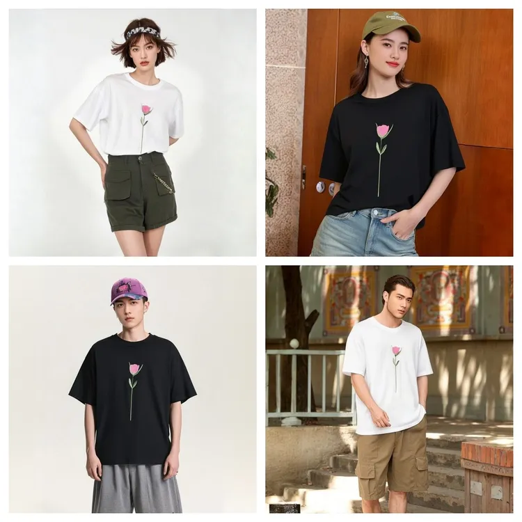 2025夏季新款郁金香刺绣麻棉男女同款时尚圆领短袖
