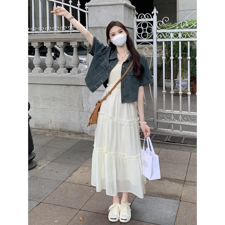 夏季女装牛仔外套内搭配法式温柔风气质木耳边吊带连衣裙两件套装