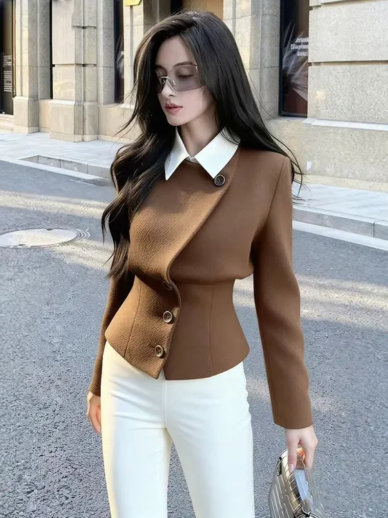 SS5502气质高级感小香风卡其色羊毛外套女装收腰显瘦假两件短款