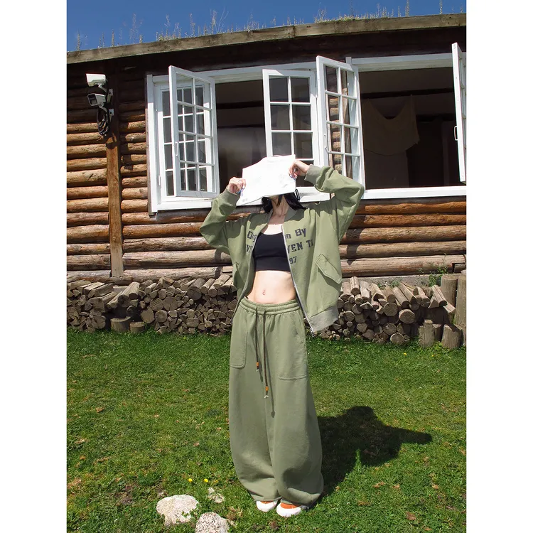 杨九七印花长袖棒球服女早秋高级感宽松百搭卫衣开衫长裤套装7946