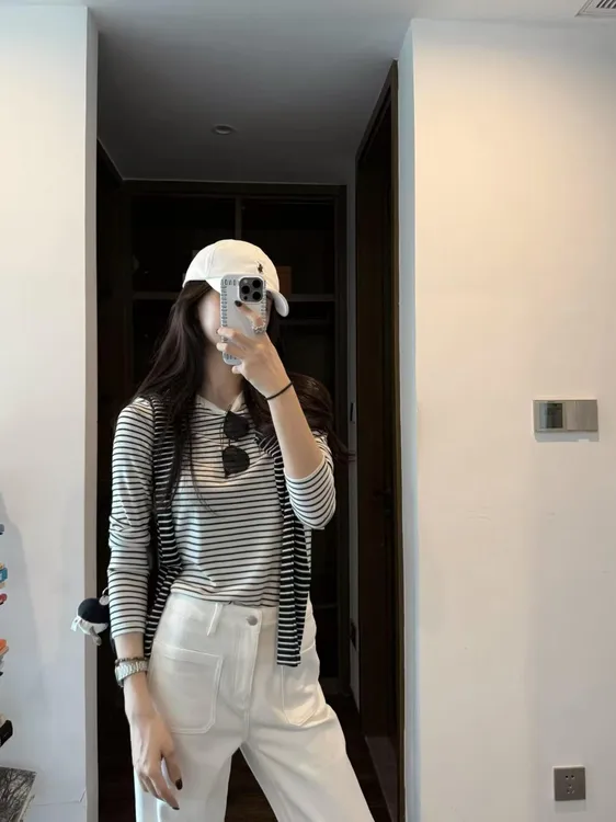 韩版复古条纹长袖T恤女秋季2025年新款修身打底衫上衣显瘦休闲裤