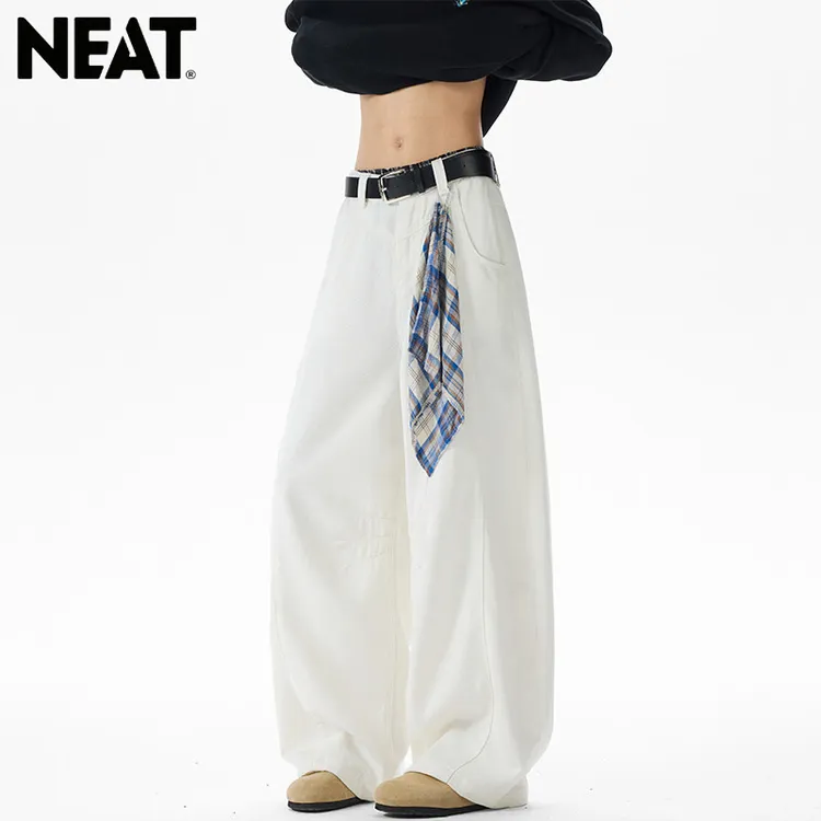 NEAT运动白色高腰秋季新款美式复古格纹方巾牛仔裤弯刀休闲裤价