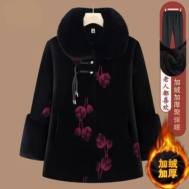 洋气奶奶冬装棉服北欧貂绒大衣中老年人女妈妈加绒加厚国风棉外套