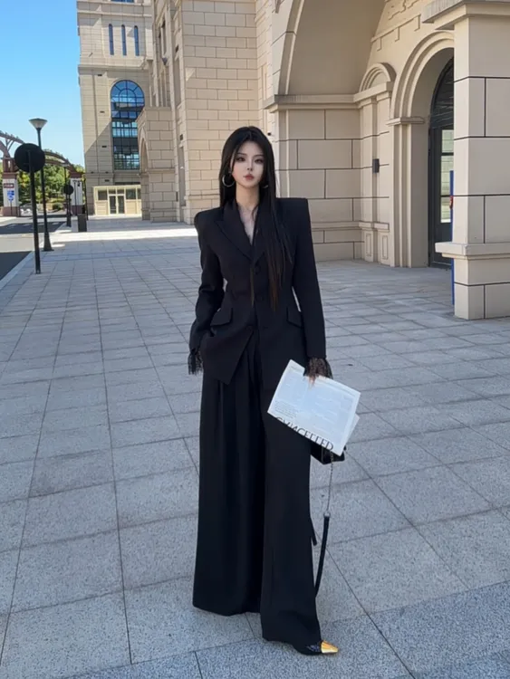 气质时尚蕾丝拼接西装外套女秋正装黑色公考面试职业通勤西服外套