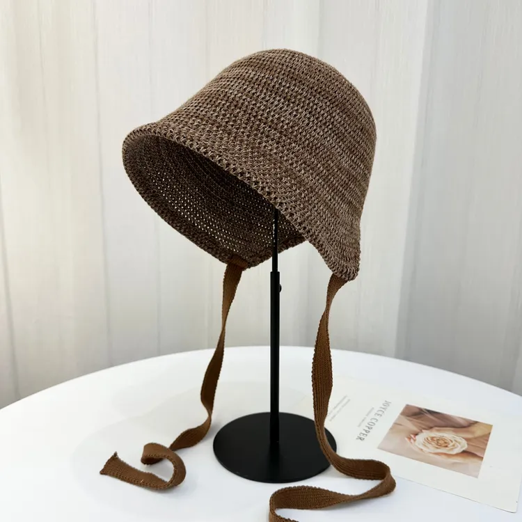 日系防晒飘带倪妮同款渔夫帽子女2025新款透气针织盆帽夏季遮阳帽