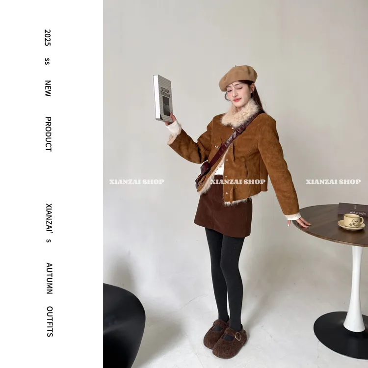 XIANZAI【黄油摩卡】冬季新款麂皮绒毛毛外套灯芯绒短裙两件套装