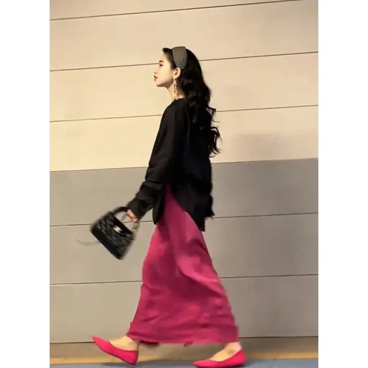 2025秋季新款慵懒风气质V领黑色长袖衬衫开叉半裙女装时尚两件套