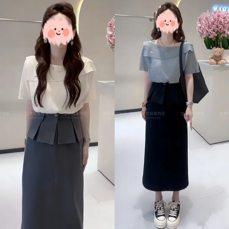 2025夏季洋气显瘦翻领短袖针织衫上衣显瘦百搭假两件半身裙套装女