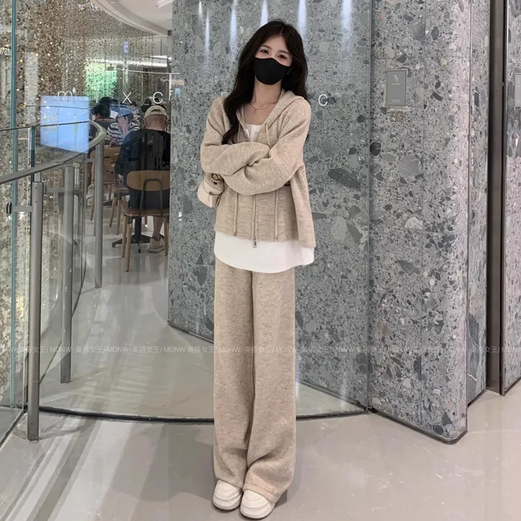 休闲运动套装女2025秋冬新款宽松假两件针织连帽卫衣阔腿裤两件套