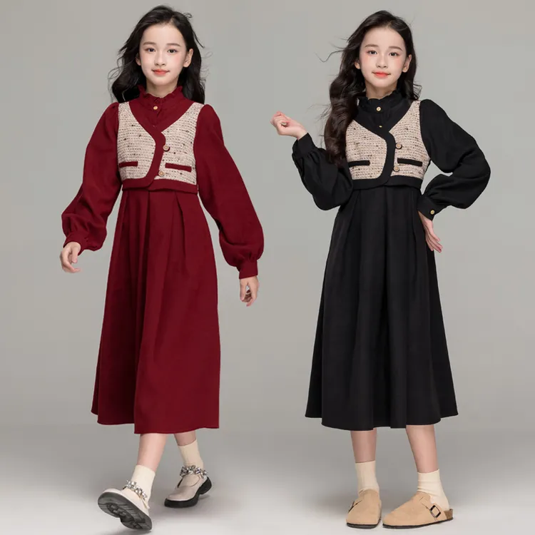 女童假两件红色连衣裙秋冬女孩显瘦过膝公主裙中大童加绒衬衫长裙